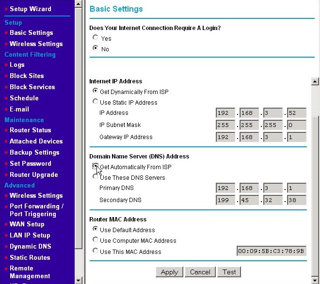 Basic WAN settings page