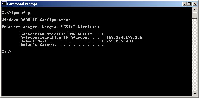 Results of ipconfig when DHCP request failed